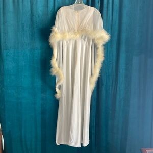 Vintage Glam White Sleeveless Long Dress w/Feather Edge Sheer Cape